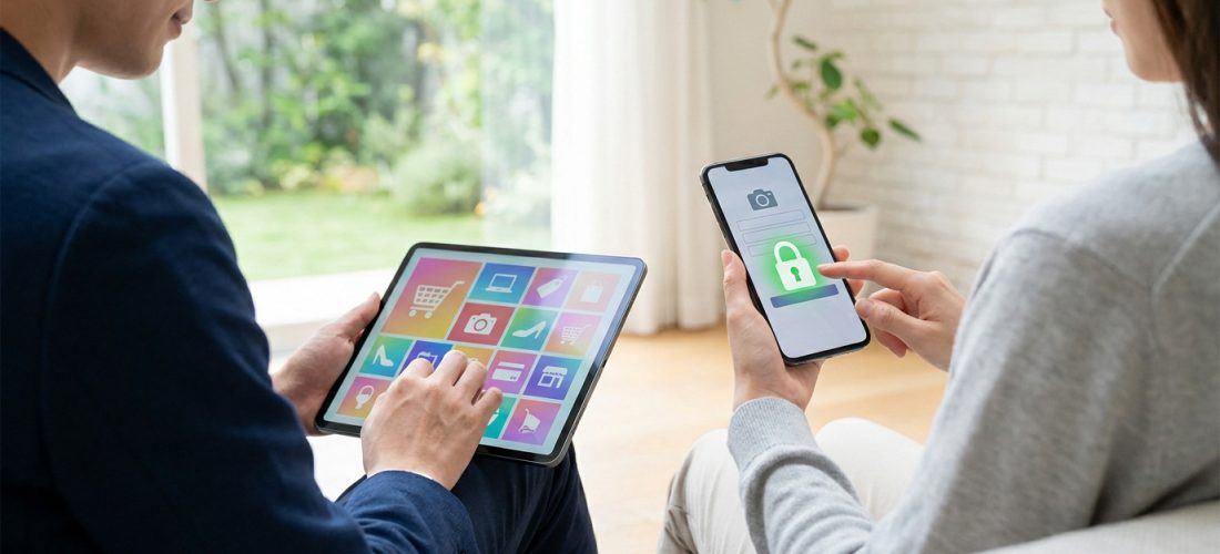 Un couple utilise une tablette et un smartphone pour des achats en ligne sécurisés avec une icône de cadenas.