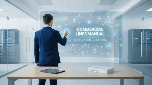 Homme en costume interagit avec un manuel d'assurance holographique "Commercial Lines Manual" dans un bureau moderne et futuriste.