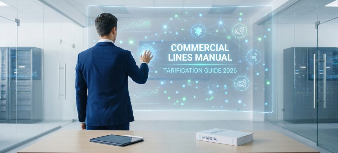 Homme en costume interagit avec un manuel d'assurance holographique "Commercial Lines Manual" dans un bureau moderne et futuriste.