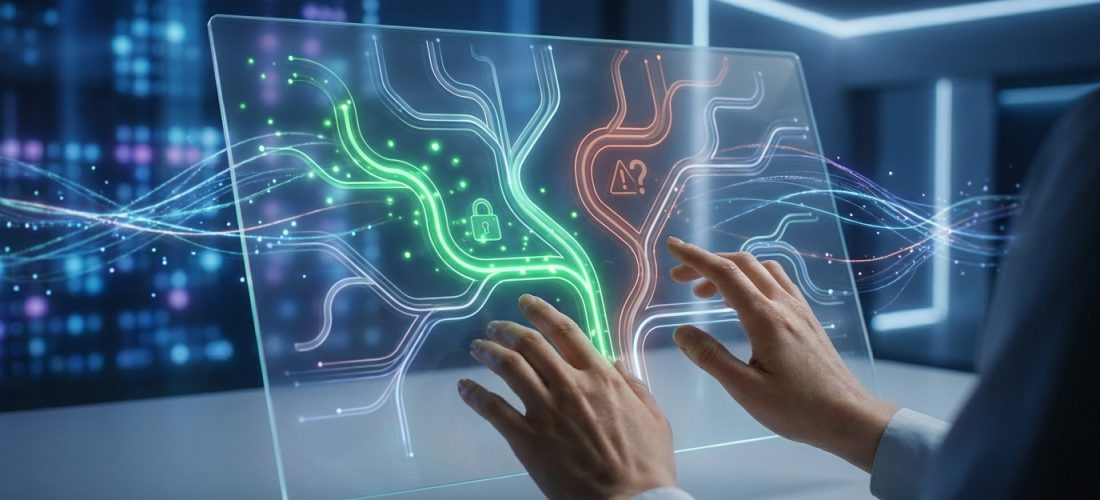Mains sur écran tactile transparent montrant des chemins de données lumineux : vert (sécurité) et orange (risque). Fond numérique.