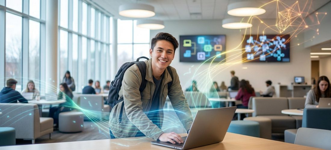 Jeune homme souriant avec sac à dos, utilisant un ordinateur portable dans un espace d'étude moderne, effets numériques et autres étudiants.