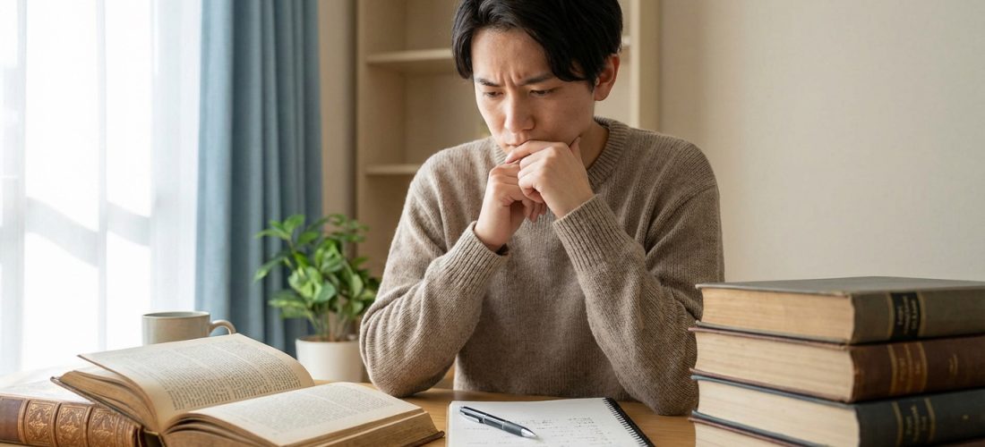 Un étudiant concentré, mains sous le menton, devant des livres ouverts et un cahier, en pleine révision. Lumière douce.