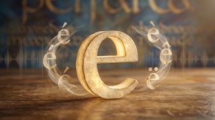 Image conceptuelle de la lettre 'e' avec ses accents (é, è, ê, ë) et ondes sonores, sur un fond de texte ancien. Représente la phonétique.