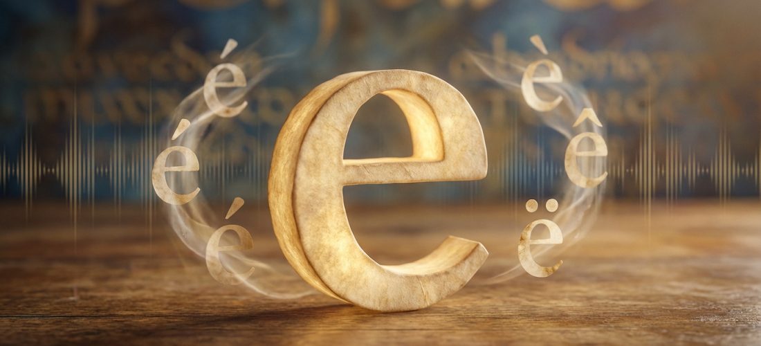 Image conceptuelle de la lettre 'e' avec ses accents (é, è, ê, ë) et ondes sonores, sur un fond de texte ancien. Représente la phonétique.
