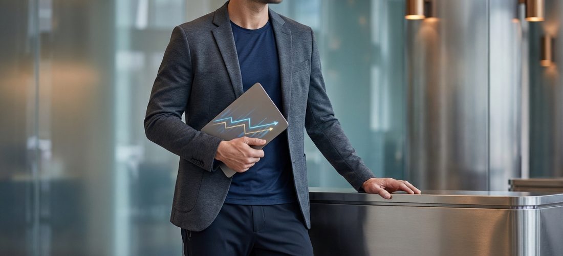 Homme en blazer tenant un ordinateur portable avec des graphiques de croissance. Cadre professionnel moderne en arrière-plan.
