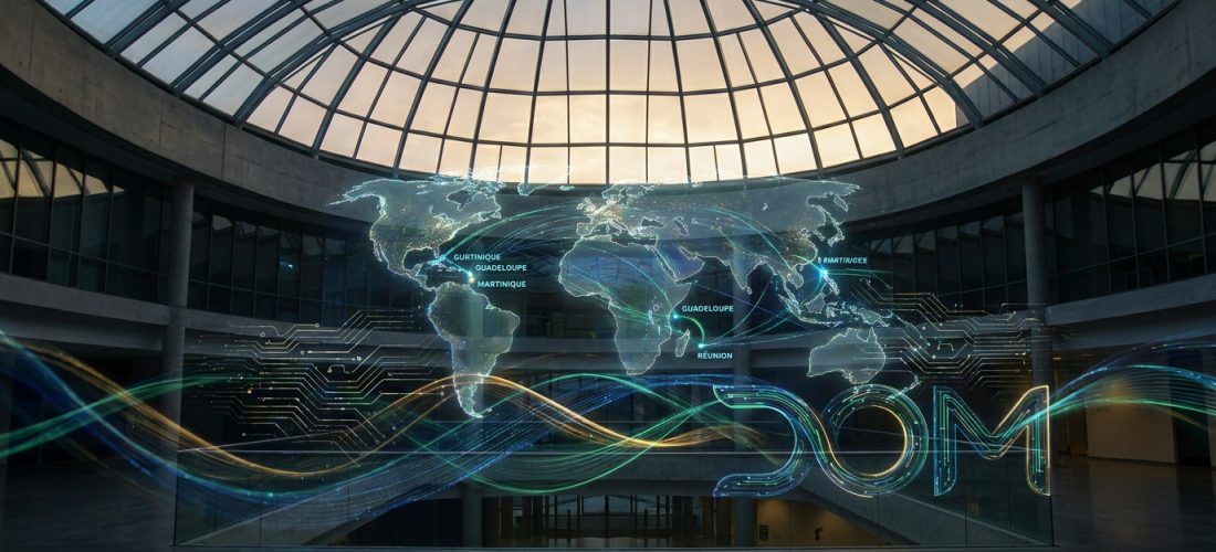 Une carte du monde holographique et le mot DOM projetés dans un hall moderne avec des flux de données lumineux.