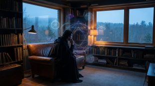 Homme en robe contemplant dans une bibliothèque rustique, entouré de symboles ésotériques lumineux avec forêt en fond.