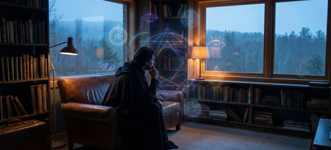 Homme en robe contemplant dans une bibliothèque rustique, entouré de symboles ésotériques lumineux avec forêt en fond.