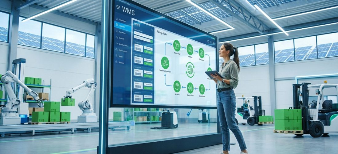 Une experte en logistique analyse un tableau de bord WMS dans un entrepôt automatisé moderne avec des robots et chariots.