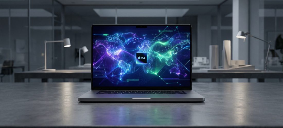 Un MacBook Pro affichant une carte du monde numérique stylisée et le logo Apple M4 sur un bureau moderne.