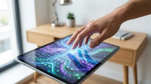 Une main interagissant avec une tablette affichant des flux de données abstraits colorés et des caractères numériques.