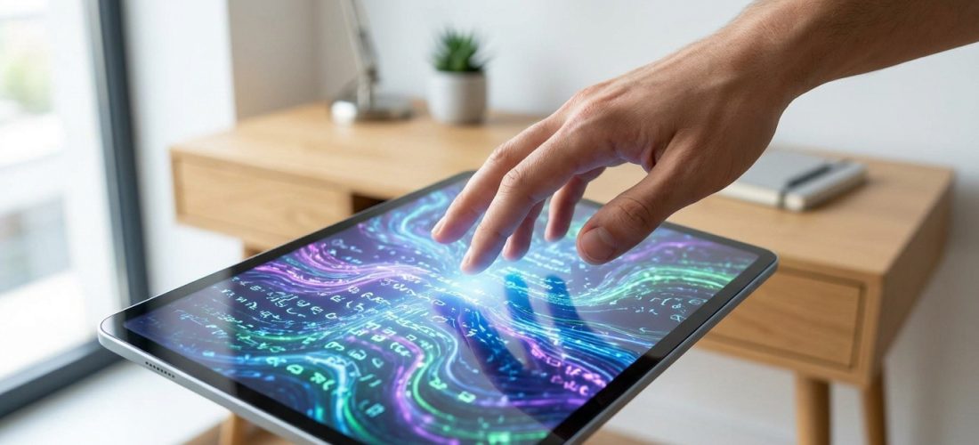 Une main interagissant avec une tablette affichant des flux de données abstraits colorés et des caractères numériques.