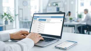 Mains tapant sur un ordinateur portable affichant une interface webmail (Zimbra). Un smartphone avec la même application est posé à côté sur un bureau moderne.