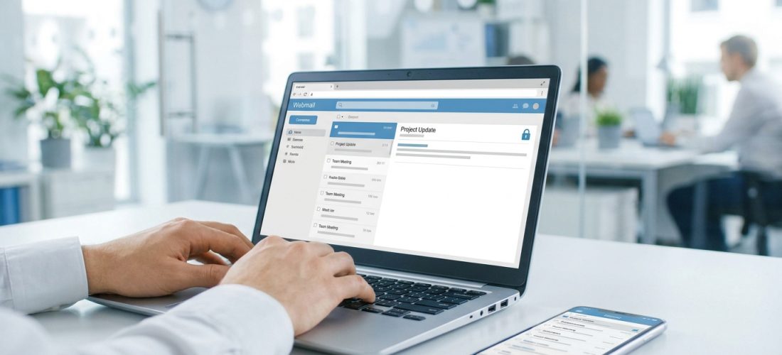 Mains tapant sur un ordinateur portable affichant une interface webmail (Zimbra). Un smartphone avec la même application est posé à côté sur un bureau moderne.