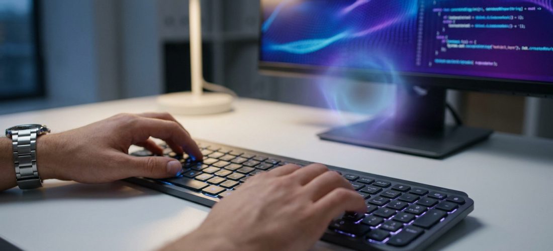 Gros plan sur des mains tapant sur un clavier rétroéclairé devant un écran affichant du code informatique.