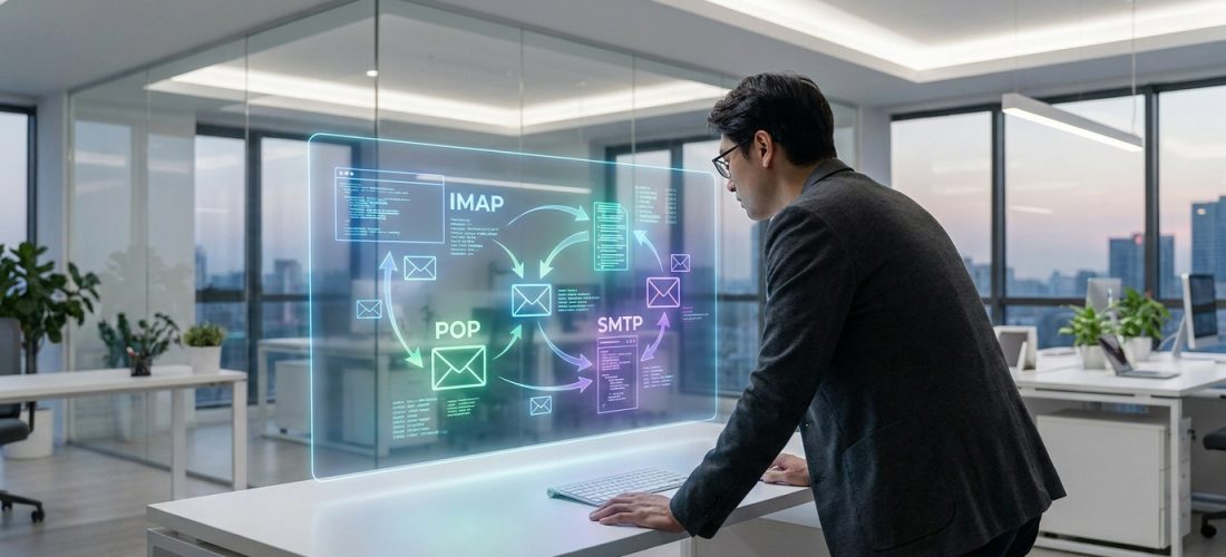 Homme en lunettes devant un écran holographique interactif montrant les protocoles IMAP, POP, SMTP et leurs flux de mail.
