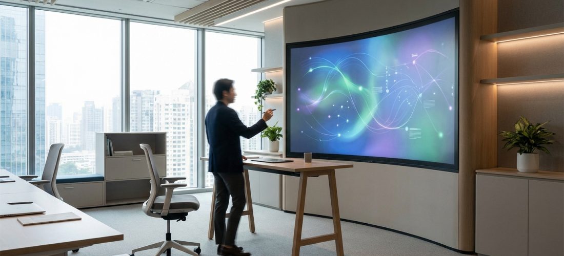 Homme en costume présentant sur un écran interactif incurvé. Bureau moderne lumineux avec vue sur la ville, mobilier contemporain et plantes.