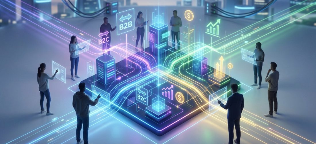 Représentation futuriste d'une marketplace numérique. Des personnes interagissent avec une plateforme lumineuse affichant B2B, B2C, données et croissance, avec une ville moderne en arrière-plan.