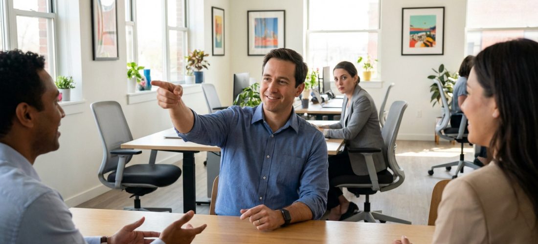Quatre personnes dans un bureau moderne et lumineux. Un homme souriant pointe du doigt, d'autres écoutent et observent.