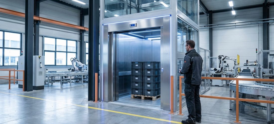 Monte-charge industriel moderne, cabine vitrée et métallique. Un homme debout face à l'entrée. À l'intérieur, des caisses sur une palette. Fond usine automatisée.