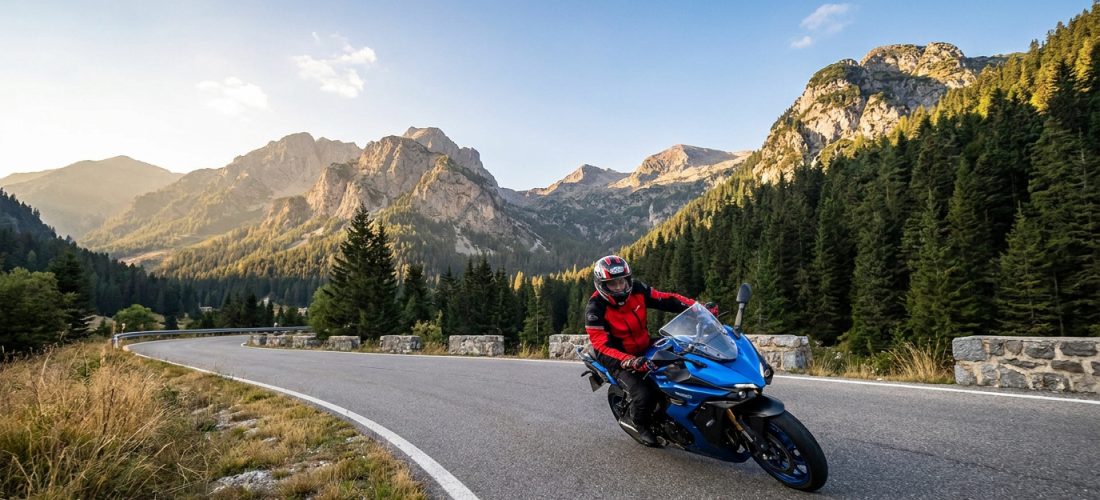 Un motard en équipement complet conduit une moto bleue sur une route sinueuse au milieu des montagnes.