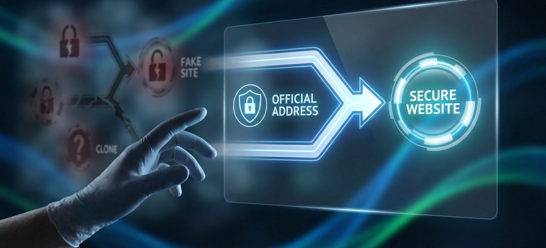 Une main gantée pointe vers une interface numérique affichant "OFFICIAL ADDRESS" menant à "SECURE WEBSITE", évitant les sites faux/clones.