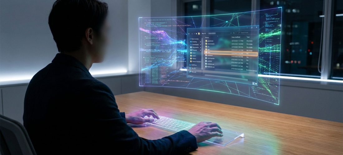 Un utilisateur travaillant sur une interface holographique futuriste affichant le fichier hosts système.