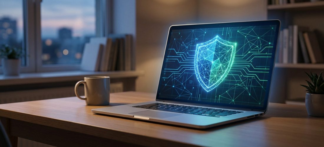 Un ordinateur portable ouvert sur un bureau affiche une icône de bouclier numérique symbolisant la sécurité VPN.