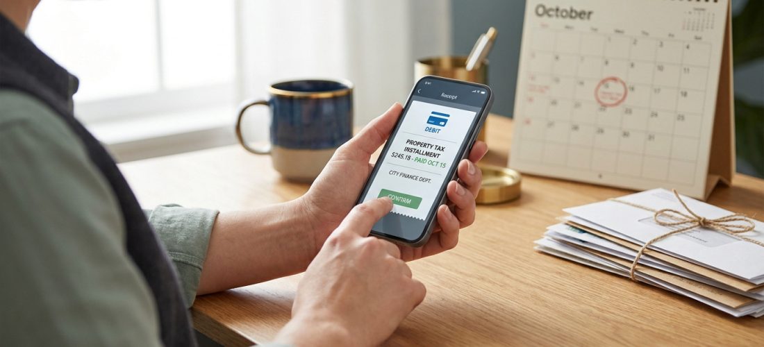 Personne payant sa taxe foncière via un smartphone, affichant une confirmation de paiement. Un calendrier et des courriers sont sur le bureau.