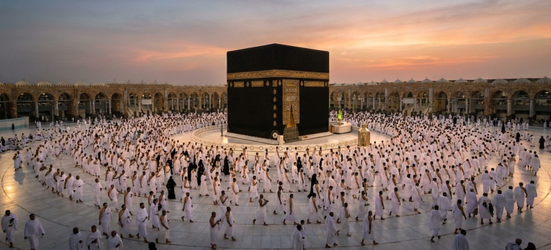 Vue aérienne de la Kaaba noire à La Mecque, entourée de milliers de pèlerins en vêtements blancs effectuant le Tawaf au coucher du soleil.