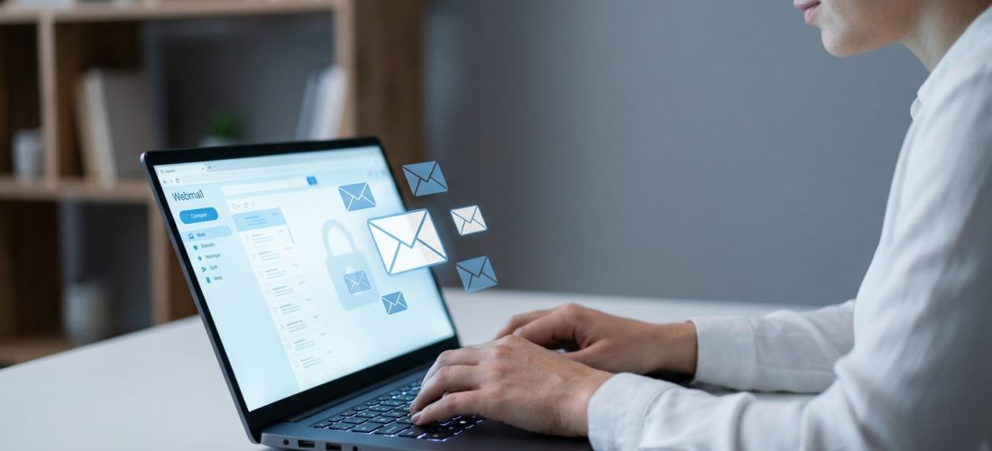 Personne tapant sur un ordinateur portable affichant une interface webmail avec des icônes d'e-mails et de cadenas, symbolisant la connexion et la sécurité.