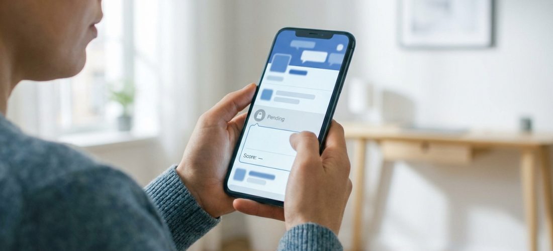 Une personne tient un smartphone affichant un statut « en attente » sur l'application Snapchat dans un intérieur lumineux.