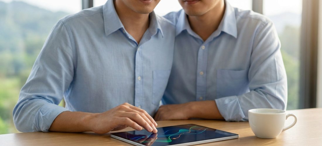 Deux personnes, un couple, consultent une tablette affichant des graphiques financiers. Une tasse blanche sur la table en bois.