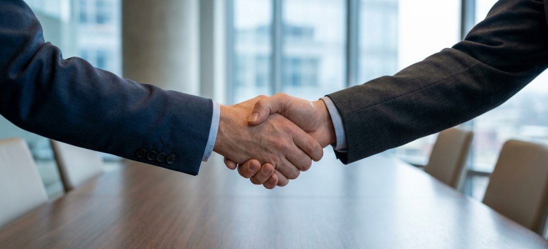 Deux personnes en costume se serrant la main au-dessus d'une table de réunion dans un bureau moderne.