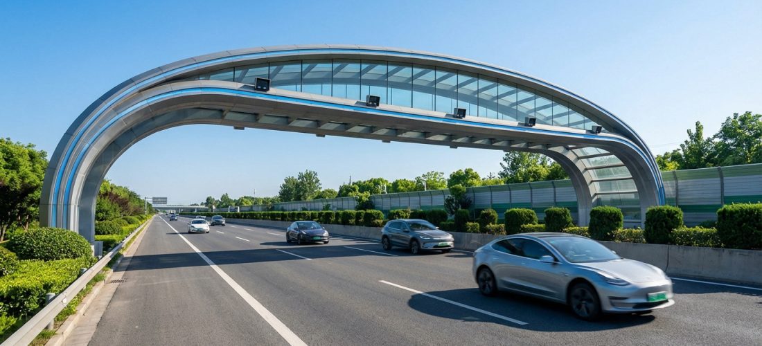 Une autoroute sous un pont de péage moderne en flux libre avec des voitures, des arbres et un ciel clair.