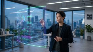 Un analyste de données manipulant un écran holographique avec des graphiques et du code dans un bureau moderne.
