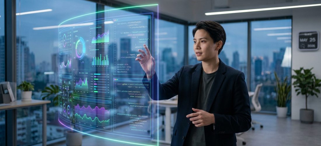 Un analyste de données manipulant un écran holographique avec des graphiques et du code dans un bureau moderne.