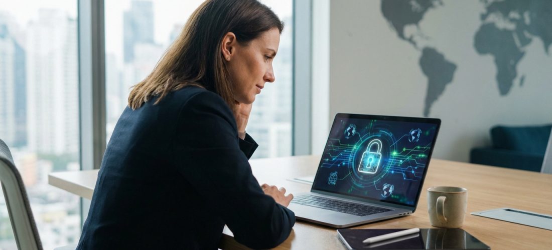 Femme regarde un laptop affichant un cadenas numérique, symbolisant la sécurité des virements internationaux dans un bureau moderne.