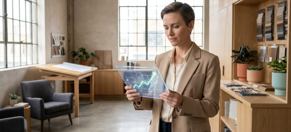 Architecte d'intérieur consultant un graphique de progression financière sur une tablette numérique transparente.