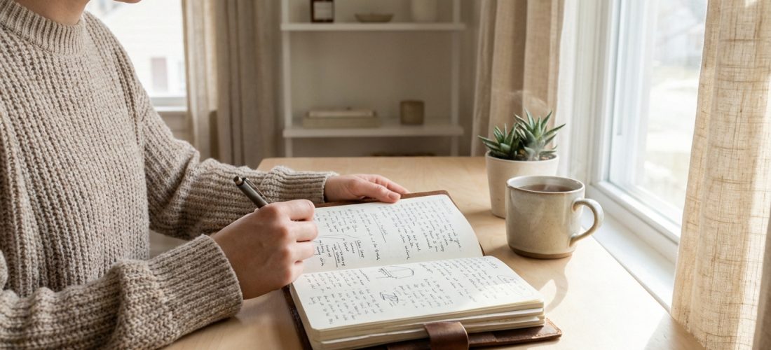 Une personne en pull tricoté écrit dans un journal en cuir, près d'une tasse fumante et d'une plante verte, devant une fenêtre.