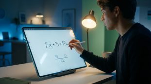Un étudiant résout une équation algébrique sur une tablette numérique avec un stylet dans une pièce éclairée.
