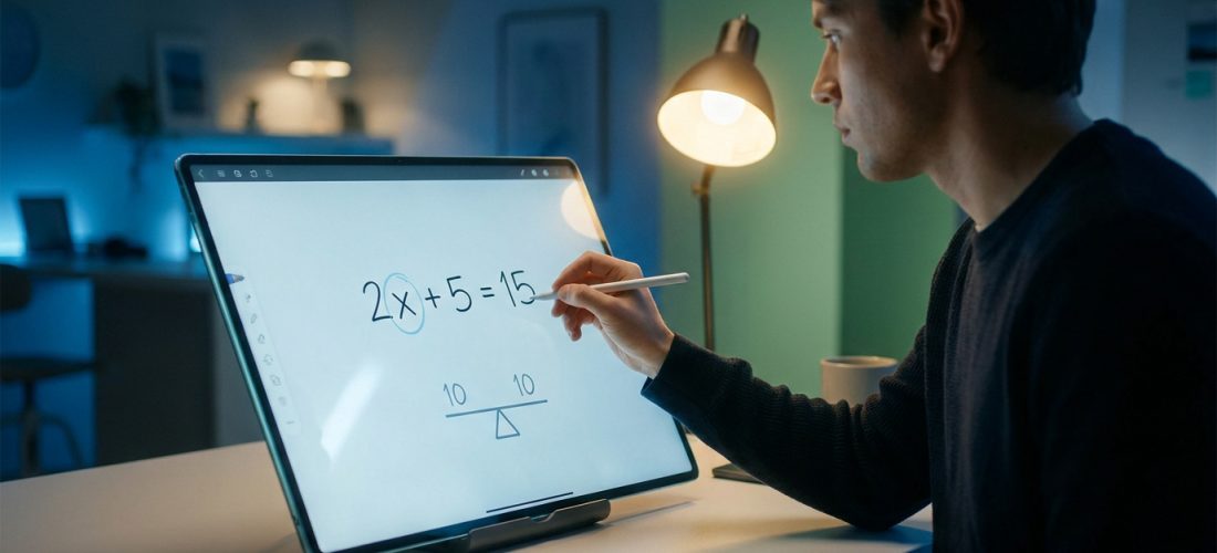 Un étudiant résout une équation algébrique sur une tablette numérique avec un stylet dans une pièce éclairée.