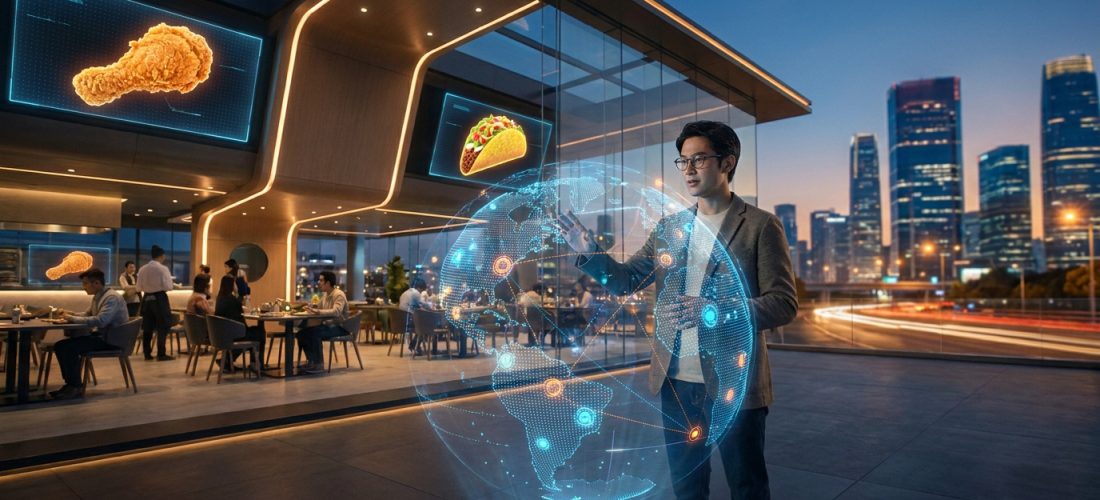 Un homme d'affaires interagissant avec un globe holographique devant un restaurant futuriste aux écrans numériques.