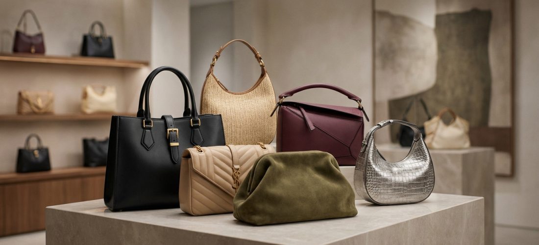 Un assortiment de sacs à main de luxe variés (fourre-tout, besace, pochette) est exposé dans une boutique moderne.