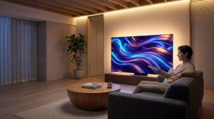 Un homme souriant sur un canapé regarde une TV grand écran avec des visuels lumineux abstraits. Ambiance salon moderne et confortable.