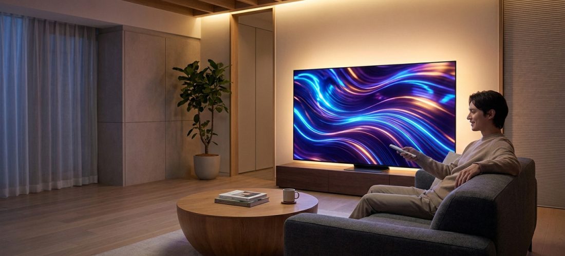 Un homme souriant sur un canapé regarde une TV grand écran avec des visuels lumineux abstraits. Ambiance salon moderne et confortable.