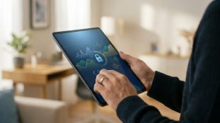 Mains tenant une tablette affichant un cadenas et des graphiques, illustrant la sécurité des données et la gestion financière.