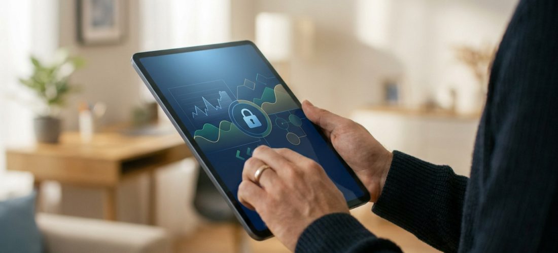 Mains tenant une tablette affichant un cadenas et des graphiques, illustrant la sécurité des données et la gestion financière.