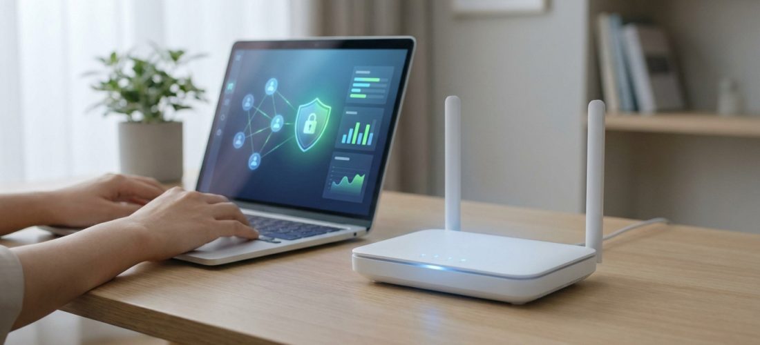 Une personne utilise un ordinateur affichant une interface de sécurité réseau à côté d'un routeur Wi-Fi blanc.