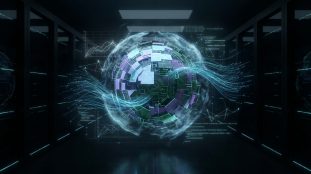 Sphère de données lumineuse dans un centre de serveurs, avec flux d'informations, code et graphiques. Représente l'analyse de risques et la fiabilité.